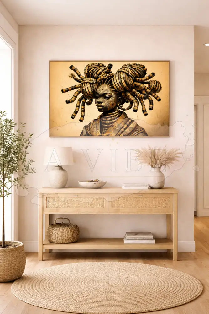 African Goddess Fine Art Print Symbolic Abstract Portrait Modern Spiritual Wall Art Ancestral Crown – 16×24 Framed Fine