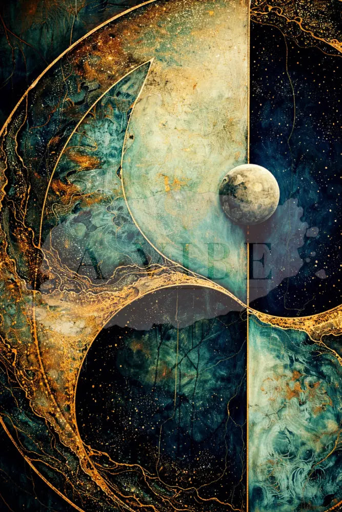 Celestial Equilibrium — Blue & Gold Yin Yang Fine Art Print Cosmic Abstract Giclée