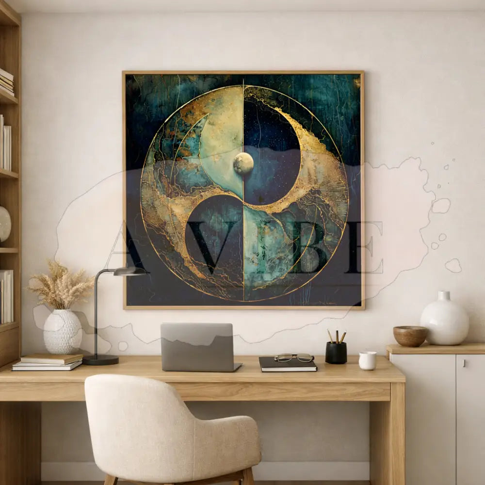 Celestial Equilibrium — Blue & Gold Yin Yang Fine Art Print Cosmic Abstract Giclée
