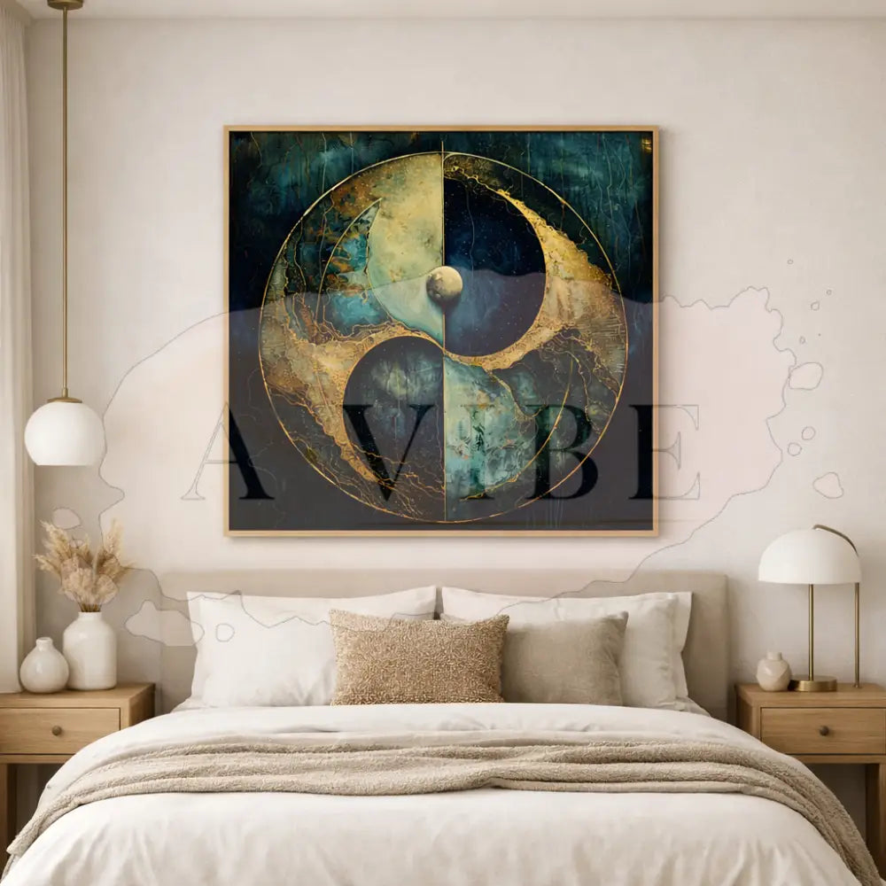 Celestial Equilibrium — Blue & Gold Yin Yang Fine Art Print Cosmic Abstract Giclée