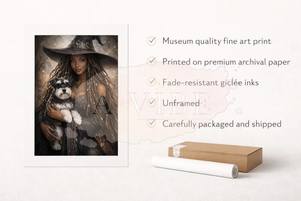 Mystic Woman & Dog Fine Art Print Symbolic Modern Spiritual Wall Art Neutral Earth Tones Black Witch with Schnauzer