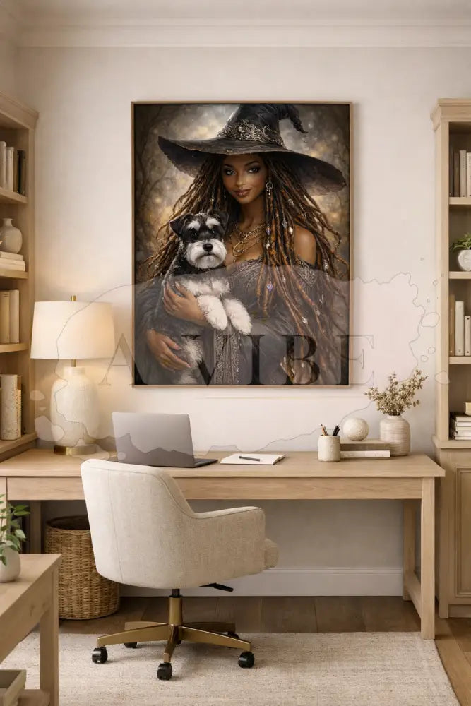 Mystic Woman & Dog Fine Art Print Symbolic Modern Spiritual Wall Art Neutral Earth Tones Black Witch with Schnauzer