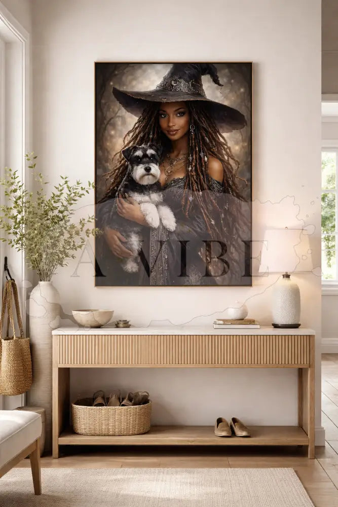 Mystic Woman & Dog Fine Art Print Symbolic Modern Spiritual Wall Art Neutral Earth Tones Black Witch with Schnauzer