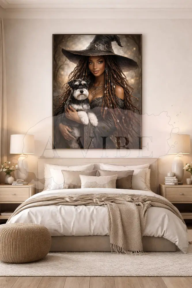 Mystic Woman & Dog Fine Art Print Symbolic Modern Spiritual Wall Art Neutral Earth Tones Black Witch with Schnauzer