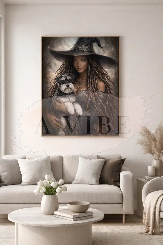 Mystic Woman & Dog Fine Art Print Symbolic Modern Spiritual Wall Art Neutral Earth Tones Black Witch with Schnauzer