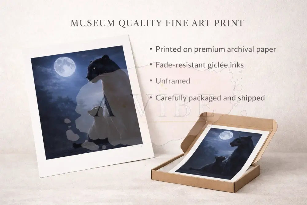 Panther & Cub Fine Art Print Moonlit Wildlife Portrait Museum Quality Giclée Collector Wall Art Timeless Neutral