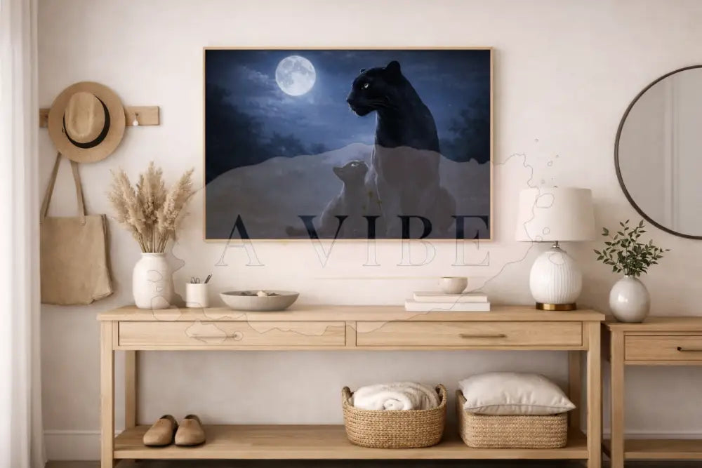 Panther & Cub Fine Art Print Moonlit Wildlife Portrait Museum Quality Giclée Collector Wall Art Timeless Neutral