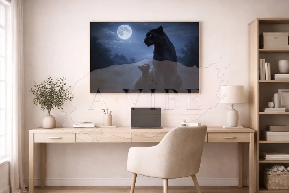 Panther & Cub Fine Art Print Moonlit Wildlife Portrait Museum Quality Giclée Collector Wall Art Timeless Neutral