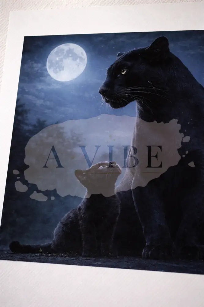 Panther & Cub Fine Art Print Moonlit Wildlife Portrait Museum Quality Giclée Collector Wall Art Timeless Neutral
