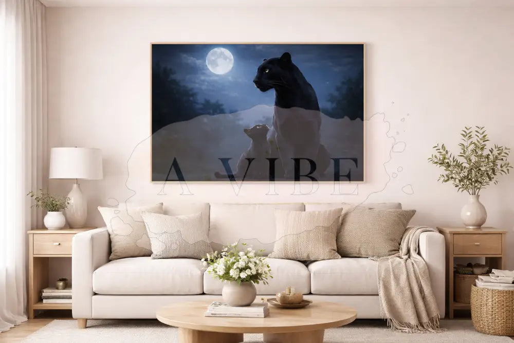 Panther & Cub Fine Art Print Moonlit Wildlife Portrait Museum Quality Giclée Collector Wall Art Timeless Neutral