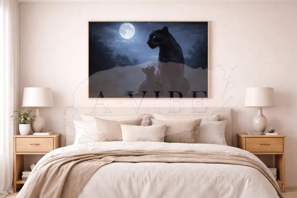 Panther & Cub Fine Art Print Moonlit Wildlife Portrait Museum Quality Giclée Collector Wall Art Timeless Neutral